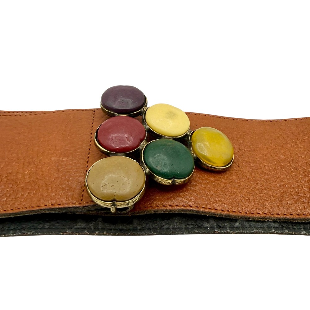 Unbranded Leather Belt Womens Brown Multi Color Cabochon Buckle Italy - Picture 3 of 9